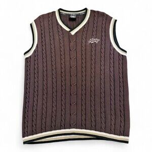 FUBU Cable Knit V-Neck Sweater Vest XL Brown Cream Trim